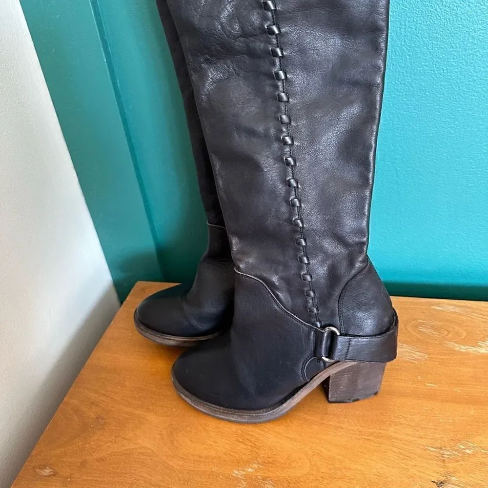 Free People Women’s Auburn Black Leather Over The Knee Whipstitch Detail Boot